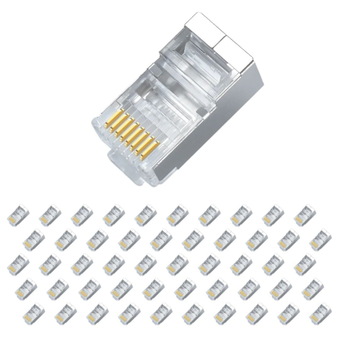 CASA & GRADINA - Set 50 conectori retea RJ45 ecranati Cat6e EZ pass through pentru cablu UTP sau FTP, pini placati cu aur, carcasa metal si plastic