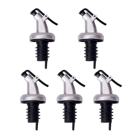 Diverse bucatarie - Set 5x Dop cu picurator pentru sticle de alcool, otet, ulei, 8.5 x 3 cm, plastic/cauciuc, negru/argintiu