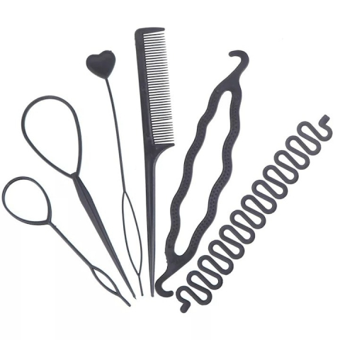 Ustensile îngrijire - Set 6 Accesorii pentru impletirea parului, pieptan, coada de peste, spirala, plastic, negru