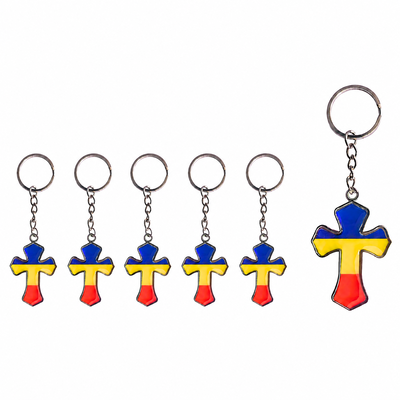 CASA & GRADINA - Set 6 brelocuri argintii 10,3 cm cu cruce 2,1 x 3,4 cm si tricolor Romania, port chei metalic, pentru femei si barbati