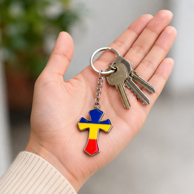 Set 6 brelocuri argintii 10,3 cm cu cruce 2,1 x 3,4 cm si tricolor Romania, port chei metalic, pentru femei si barbati [3]