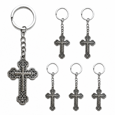 CASA & GRADINA - Set 6 brelocuri argintii 10,5 cm cu cruce 5,4 x 3,3 cm, aliaj metalic patinat, port chei crestin pentru barbati si femei sau marturii botez