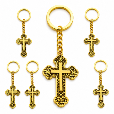 Breloc - Set 6 brelocuri aurii 10,8 cm cu cruce 5,4 x 3,2 cm, accesorii port chei din metal patinat pentru femei si barbati sau marturii botez