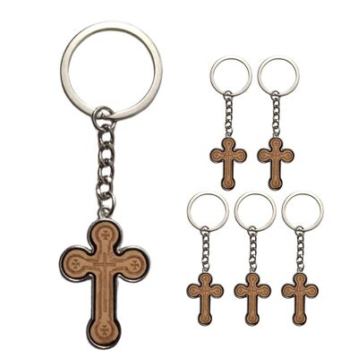 Set 6 brelocuri crestine bej-argintiu 9,3 cm, cruce 3,5 x 2,6 cm, grosime 4 mm, inel 3,4 cm, accesorii religioase pentru chei, marturii botez