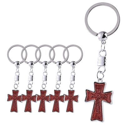 CASA & GRADINA - Set 6 brelocuri crestine maro-argintiu 9.5 cm, cruci 3.5 x 2.2 cm cu imaginea lui Isus incrustata, brelocuri pentru chei cu inel metalic, cadouri religioase unisex