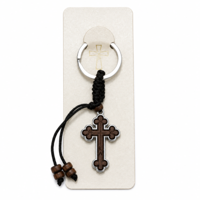 Set 6 brelocuri maro-argintiu 9 cm cu cruce 4 x 2,4 cm, grosime 4 mm, inel 2,9 cm, snur maro inchis cu margele, accesorii crestine pentru chei si marturii botez [2]