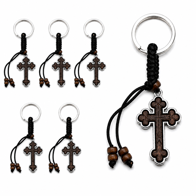 CASA & GRADINA - Set 6 brelocuri maro-argintiu 9 cm cu cruce 4 x 2,4 cm, grosime 4 mm, inel 2,9 cm, snur maro inchis cu margele, accesorii crestine pentru chei si marturii botez