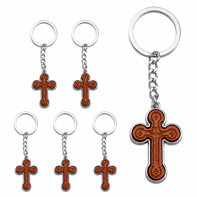 CASA & GRADINA - Set 6 brelocuri religioase maro-argintiu 9,3 cm, cruce 3,5 x 2,6 cm cu cruci decorative, grosime 4 mm, inel 3,4 cm, pentru port chei barbati si femei sau marturii botez