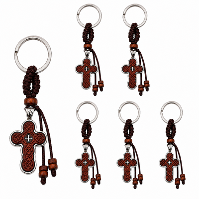 CASA & GRADINA - Set 6 brelocuri religioase maro-argintiu 9.5 cm, cruciulite crestine 4 cm gravate, spate metalic, snur impletit cu margele din lemn, inel 2.9 cm, marturii botez