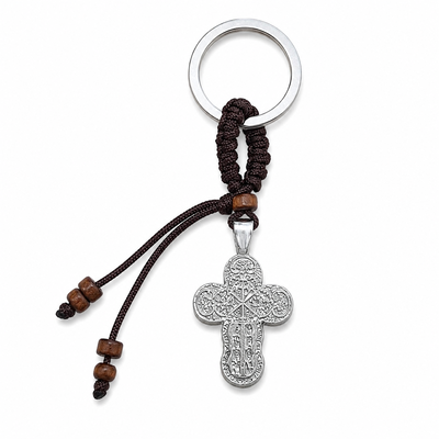 Set 6 brelocuri religioase maro-argintiu 9.5 cm, cruciulite crestine 4 cm gravate, spate metalic, snur impletit cu margele din lemn, inel 2.9 cm, marturii botez [3]