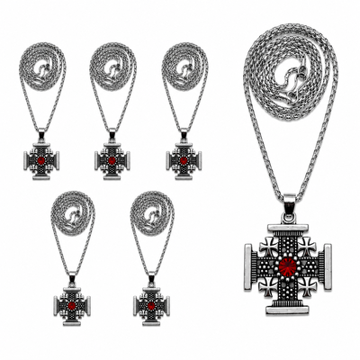 CADOURI - Set 6 coliere argintii 29 cm cu pandantiv cruce Ierusalim 2,3 x 2,3 cm, inscriptie Jerusalem, lant metalic unisex pentru marturii botez si evenimente crestine