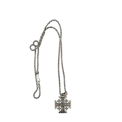 Set 6 coliere argintii 29 cm cu pandantiv cruce Ierusalim 2,3 x 2,3 cm, inscriptie Jerusalem, lant metalic unisex pentru marturii botez si evenimente crestine [2]