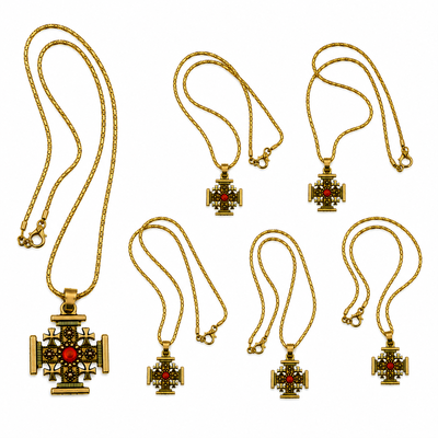 CADOURI - Set 6 coliere aurii 42 cm, Crucea Ierusalimului 23 x 23 mm, cruciulite ornamentale din metal cu model bilateral si accent rosu, accesorii crestine unisex