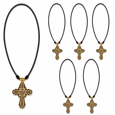 Set 6 coliere auriu-crem 42 cm x 2 cu cruciulita 4,4 x 2,7 cm, Muntele Athos, Isus gravat pe lemn, cadru auriu si snur negru reglabil