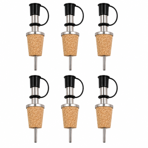 Diverse bucatarie - Set 6 dopuri dozatoare pentru sticle, 9.2 x 2.3 cm, pluta naturala si inox, turnare uniforma pentru bauturi si lichide alimentare