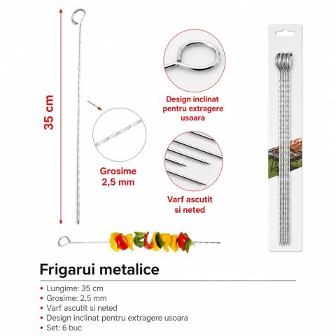 Set 6 frigarui argintii 35 cm x 5 mm din otel inoxidabil, tije rasucite [1]