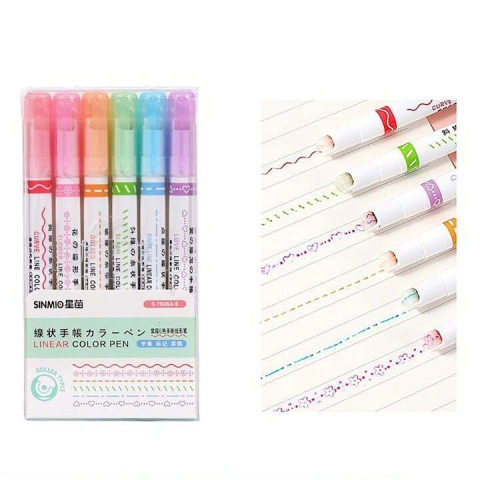 Set 6 markere decorative Creative Curve, multicolor, 13.5 cm, cu rola pentru modele creative, varf fin pentru scriere, in carcasa transparenta, pentru bullet journal, desen si scoala [4]