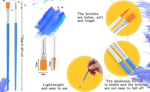 Set 6 pensule pictura, 3 rotunde si 3 plate, lungime 17 cm, par sintetic nailon, maner ergonomic, pentru acuarela acrilic ulei, albastru [5]
