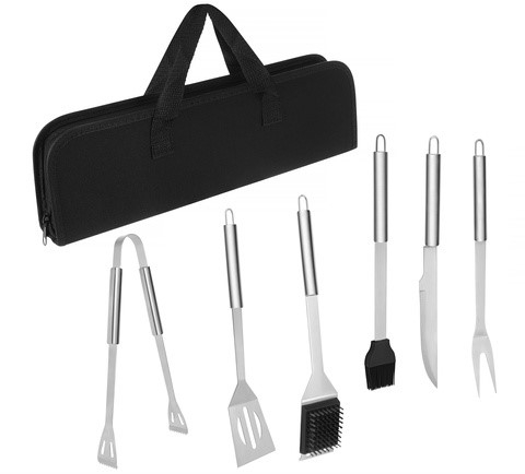 Set 6 ustensile profesionale pentru gratar BBQ, otel inoxidabil, accesorii cu pensula si perie pentru curatare, husa neagra pentru transport, 0.757 kg