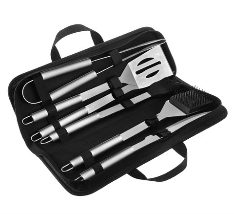 Set 6 ustensile profesionale pentru gratar BBQ, otel inoxidabil, accesorii cu pensula si perie pentru curatare, husa neagra pentru transport, 0.757 kg [1]