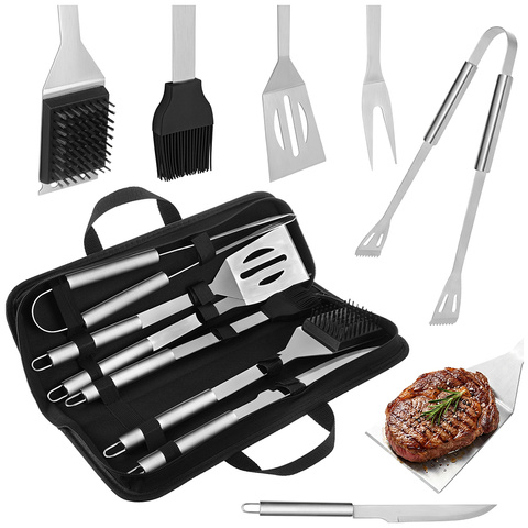 Set 6 ustensile profesionale pentru gratar BBQ, otel inoxidabil, accesorii cu pensula si perie pentru curatare, husa neagra pentru transport, 0.757 kg [9]