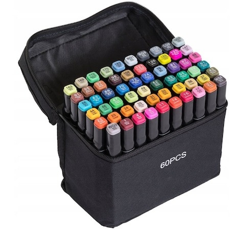 Set pictură și desen - Set de 60 markere colorate,1 varf rotund subtire,1 varf inclinat gros,geanta depozitare inclusa