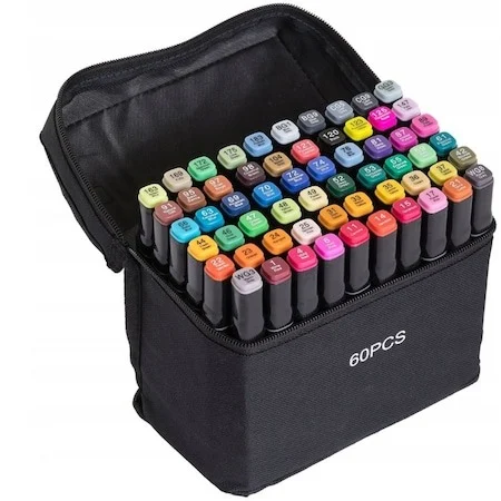 JOCURI ȘI JUCĂRII - Set 60 markere multicolore cu doua capete, varf fin 1 mm si lat 3-6 mm, suport organizator, geanta de transport