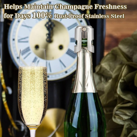 Set 6x Dop pentru sticle de vin, sampanie, alte bauturi, wine stopper, otel inoxidabil, silicon, argintiu [3]