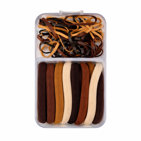 CASA & GRADINA - Set 70 elastice subtiri si 10 bentite textile maro bej in cutie organizator, accesorii par femei