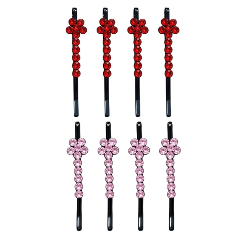 CASA & GRADINA - Set 8 agrafe par rosu si roz 5 x 1 cm cu pietre artificiale, 4 rosu si 4 roz, decor floral stralucitor pentru coc, suvite si coafuri de ocazie