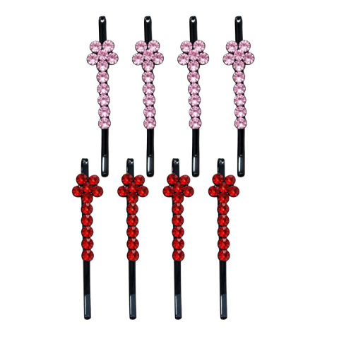 Set 8 agrafe par rosu si roz 5 x 1 cm cu pietre artificiale, 4 rosu si 4 roz, decor floral stralucitor pentru coc, suvite si coafuri de ocazie [2]