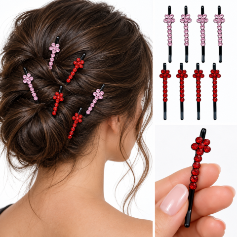 Set 8 agrafe par rosu si roz 5 x 1 cm cu pietre artificiale, 4 rosu si 4 roz, decor floral stralucitor pentru coc, suvite si coafuri de ocazie [1]