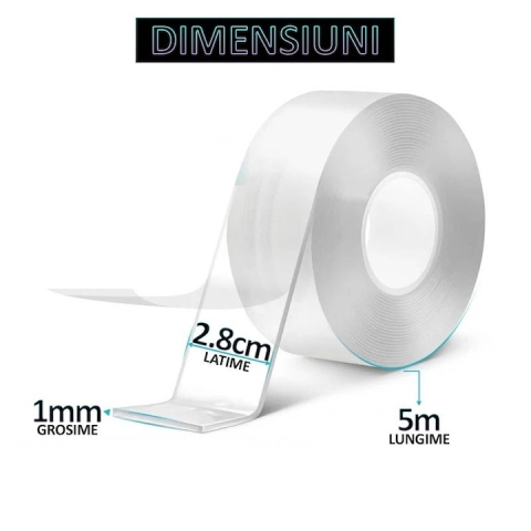 Set 8 benzi dublu adezive transparente, 5 metri pe rola, siliconice, flexibile, rezistente la apa, reutilizabile, nu lasa urme, aplicabile pe diverse suprafete [4]
