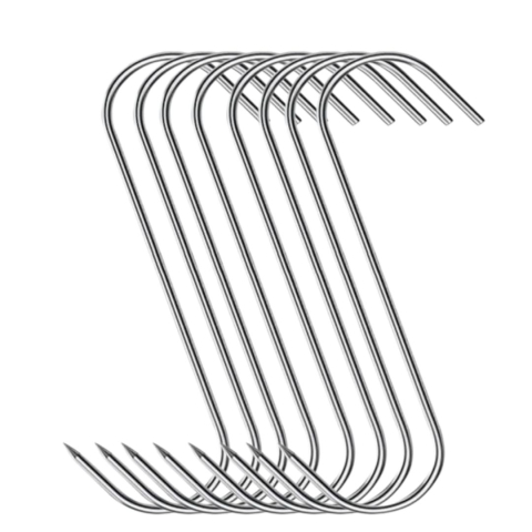 Set 8 carlige pentru carne, argintii 15 cm, grosime 2.8 mm, inox reutilizabil tip S cu varf ascutit, pentru afumare, uscare, maturare si suspendare carne [1]