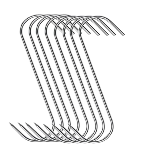 Set 8 carlige pentru procesare carne, argintii 14 cm, grosime 3 mm, otel inoxidabil profil S cu extremitate penetranta, pentru suspendarea si afumarea preparatelor [2]