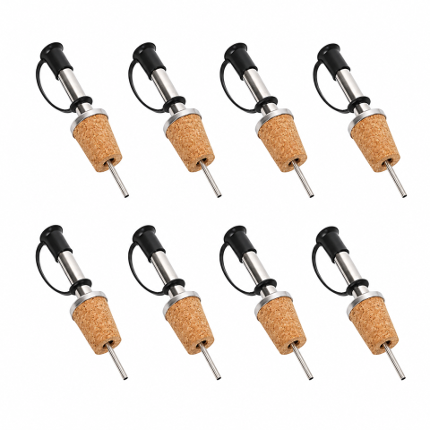 Diverse bucatarie - Set 8 dopuri pentru sticle, 9.2 x 2.3 cm, inox cu pluta naturala si capac silicon, dozare controlata pentru bauturi si cocktailuri