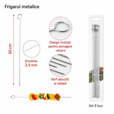 Set 8 frigarui metalice argintii 30 cm x 2,5 mm, tepuse din otel inoxidabil [1]