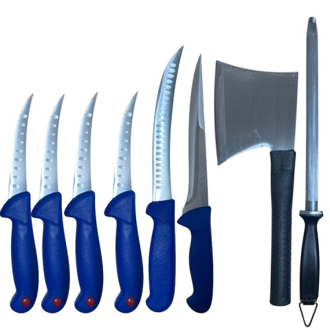 Set 8 piese macelarie profesionala, cutite, satar si masat din otel inoxidabil, pentru transare, dezosare si feliere