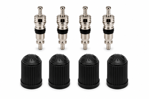 Alte articole auto - Set 8 piese pentru valve Schrader, 4 capace negre de protectie si 4 nuclee ventil