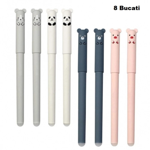 Set 8 pixuri cu cerneala albastra, functie de stergere, model cu animalute, grosime scriere 0.35 mm, multicolor, 14.5x1.5 cm, 8 rezerve incluse [2]