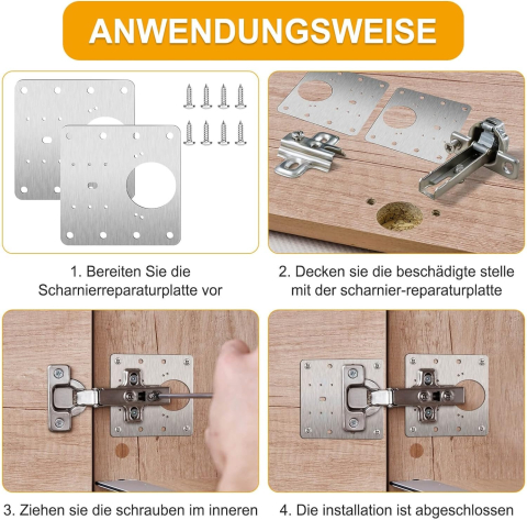 Set 8 placi pentru repararea balamalelor mobilier, inox rezistent, cu suruburi incluse, fixare durabila, 9 x 9 cm, argintiu [9]