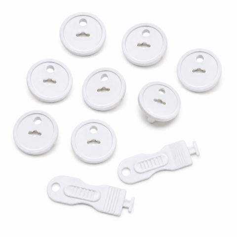 Set 8 Protectii pentru Prize cu 2 Chei de Deblocare, Sistem de Siguranta pentru Copii, ABS Rezistent, Alb, 3.7 x 2.3 cm
