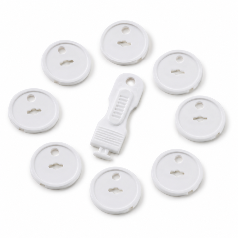 Set 8 Protectii pentru Prize cu Cheie de Deblocare, Sistem Siguranta Copii, ABS Rezistent, Montare Rapida, Alb, 3.7 x 2.3 cm [1]