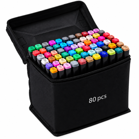 JOCURI ȘI JUCĂRII - Set 80 markere multicolore cu doua capete, varf fin 1 mm si lat 3-6 mm, suport organizator