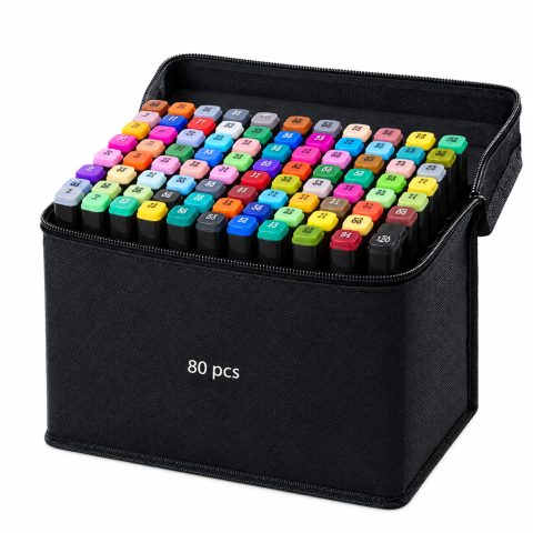 Set 80 markere multicolore cu doua capete, varf fin 1 mm si lat 3-6 mm, suport organizator [4]