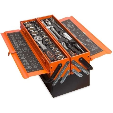 Truse cu scule - Set 85 piese si scule, cutie compartimentata cu 4 sertare pliabile, negru/portocaliu