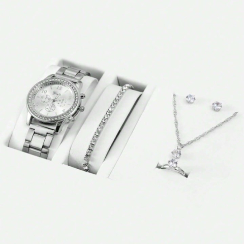 Set accesorii dama argintiu, ceas de mana quartz, bratara, colier cu pandantiv, cercei, inel si cutie cadou, bijuterii pentru tinute si evenimente [1]