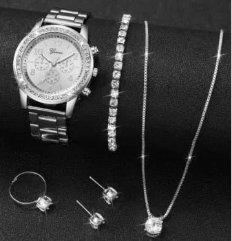 Set accesorii dama argintiu, ceas de mana quartz, bratara, colier cu pandantiv, cercei, inel si cutie cadou, bijuterii pentru tinute si evenimente [6]