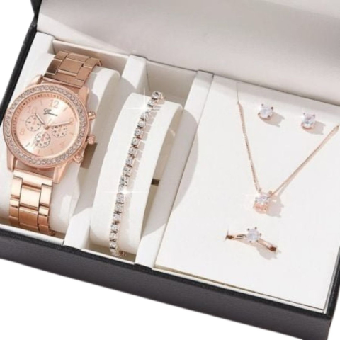 Set accesorii dama rose gold, ceas quartz 36 mm, bratara 20 cm, cercei, lantisor cu pandantiv, inel zirconia si cutie cadou, pentru tinute elegante [7]