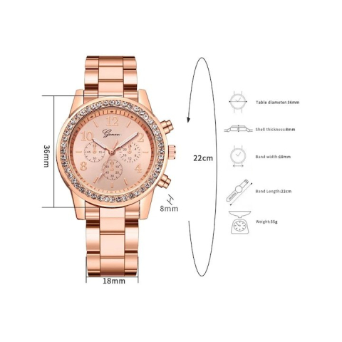 Set accesorii dama rose gold, ceas quartz 36 mm, bratara 20 cm, cercei, lantisor cu pandantiv, inel zirconia si cutie cadou, pentru tinute elegante [5]